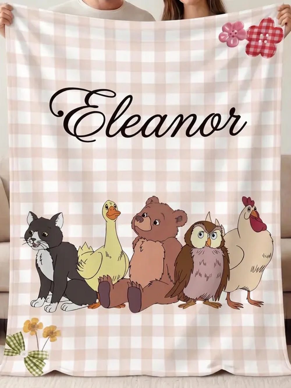 Velvet Pastel Pink Plaid Personalized Animal Throw